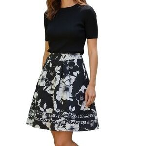 White House Black Market Floral Pleated Midi‎ Skirt Size 00 Black White